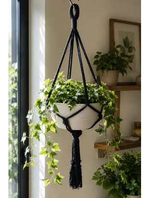 Binbirreyon Makrome Saksı Askısı 80CM %100 Pamuk El Işçiliği Siyah 30CM Çapa Kadar (Saksı Dahil Değildir) AH512