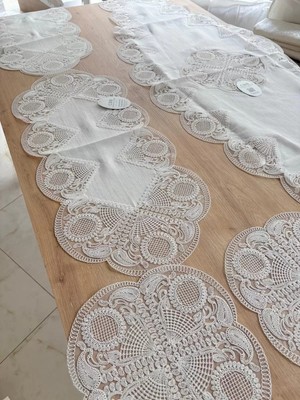 Ceki Home Salon Takımı Çeyizlik Krem Runner Set 5 Parça Keten Ranır Masa Sehpa Konsol Örtüsü Defne