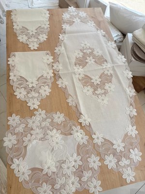 Ceki Home Salon Takımı Çeyizlik Krem Runner Set 5 Parça Keten Masa Örtüsü Runneri Lüx Evita
