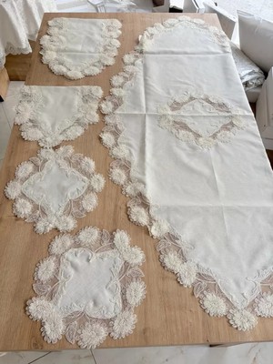 Ceki Home Salon Takımı Çeyizlik Krem Runner Set 5 Parça Keten Masa Örtüsü Runneri Flowers