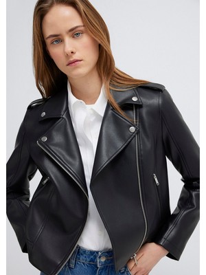 Mavi Biker Yaka Siyah Suni Deri Ceket 1110221-900