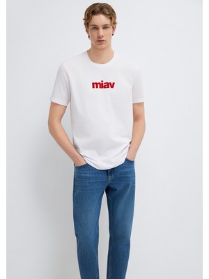 Mavi Kırmızı Miav Baskılı Beyaz Tişört 067153-622