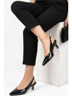 Eysha Qenor Kadın Kadın Siyah Crinkle Rugan Kitten Topuk Slingback Sivri Burun Topuklu Ayakkabı Günlük Rahat Şık Topuklu 3 cm