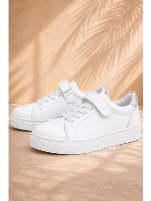 Rakerplus Hakiki Deri Beyaz Cırtlı Bağcıklı Kız Çocuk Sneakers
