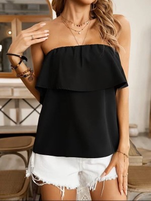 Lune Store Kadın Omuzlardan Açık Lastikli Fırfırlı Dubai Bluz