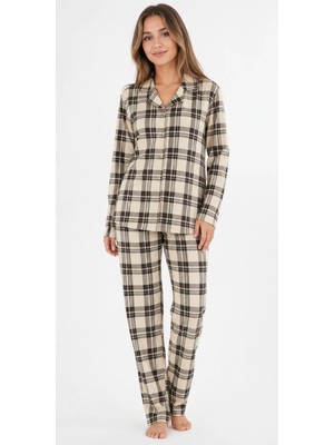 Fames Kadın Mevsimlik Süet Uzun Kol Ekose Desen Krem Pijama Takımı