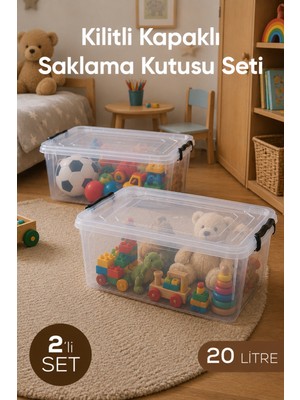 Wumboo 2'li 20 Litre Şeffaf Oyuncak Kutusu, Kilitli Kapak, Çocuk Odası Düzenleyici, Saklama Kabı Organizer