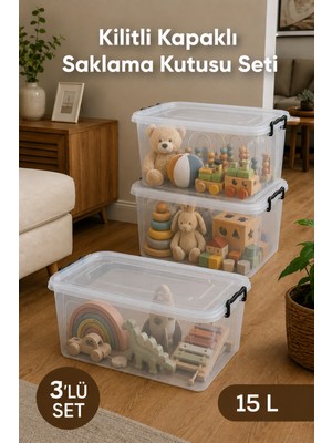 Wumboo 3'lü 15 Litre Şeffaf Oyuncak Kutusu, Kilitli Kapak, Çocuk Odası Düzenleyici, Saklama Kabı Organizer