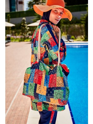 Riva Mera Patchwork Desenli Paraşüt Plaj Çantası - C2335