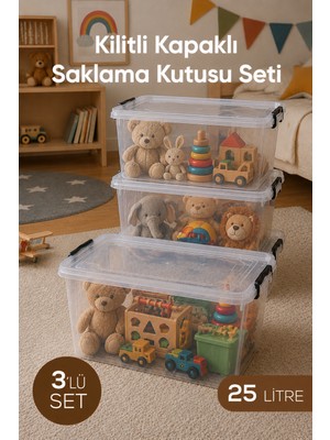 Wumboo 3'lü 25 Litre Şeffaf Oyuncak Kutusu, Kilitli Kapak, Çocuk Odası Düzenleyici, Saklama Kabı Organizer