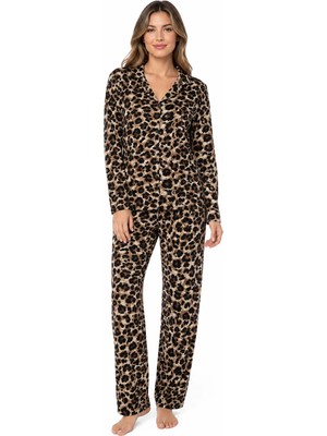 Fames Kadın Mevsimlik Süet Uzun Kol Açık Leopar Desen Pijama Takımı