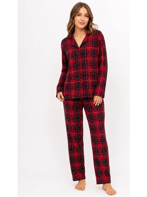Fames Kadın Mevsimlik Süet Uzun Kol Ekose Desen Kırmızı Pijama Takımı