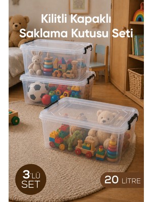 Wumboo 3'lü 20 Litre Şeffaf Oyuncak Kutusu, Kilitli Kapak, Çocuk Odası Düzenleyici, Saklama Kabı Organizer