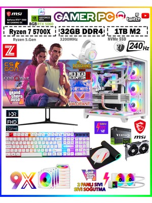 Zeiron Warrior Eagle X55 White Pro Ryzen 7 5700X 32GB 1TB M.2 SSD⚡MSI⚡RTX5060 27" 240Hz Sıvı Soğutmalı Premium Oyuncu Bilgisayar