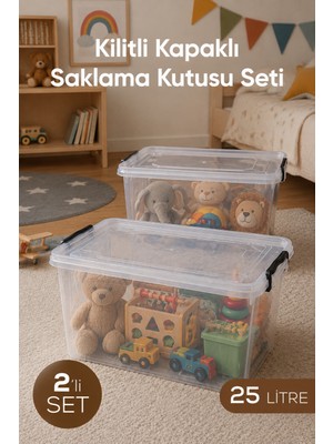 Wumboo 2'li 25 Litre Şeffaf Oyuncak Kutusu, Kilitli Kapak, Çocuk Odası Düzenleyici, Saklama Kabı Organizer