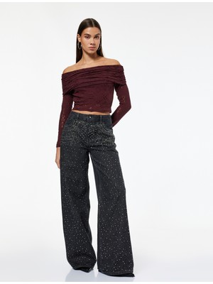 Koton Normal Bel Bol Paça Taşlı Jean Pantolon - Loose Straight Fit Jean