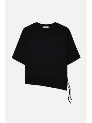 Mudo Kadın Siyah Loose Fit 3/4 Kol Bisiklet Yaka Sweatshirt