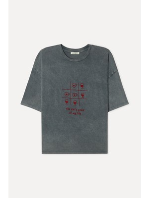 Mudo Kadın Gri Nakışlı Loose Fit Bisiklet Yaka T-Shirt