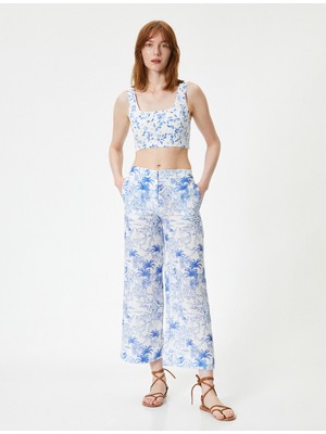 Koton Çiçekli Culotte Pantolon Bol Paça Cepli Normal Bel