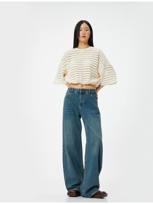 Koton Ajurlu Sweatshirt Yarım Kollu Bisiklet Yaka Beli Lastikli