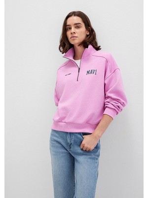 Mavi Mavi Logo Baskılı Yarı Fermuarlı Pembe Sweatshirt 1S10373-71067