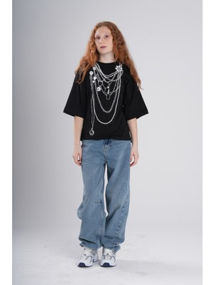 Haykids Kolye Desenli Kadın/genç Kız T-Shirt – Zincir Baskılı Pamuklu Oversize Sokak Stili Tişört