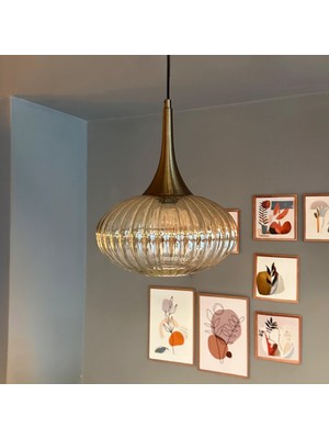 Bamyum Elegant Cam Tekli Bal Rengi Avize Eskitme Külah Başlık Sarkıt Lamba Restoran Salon Aydınlatma