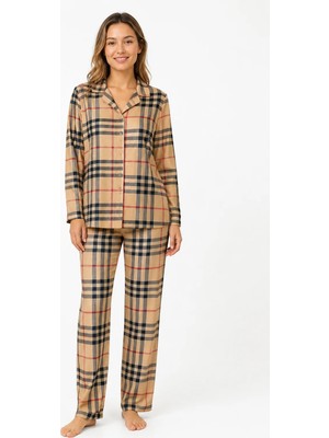 Fames Kadın Mevsimlik Süet Uzun Kol Ekose Desen Bej Pijama Takımı