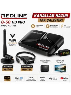Redline G-50 Hd Pro Full Hd Uydu Alıcısı Tkgs Wifi Youtube 5000 Kanal Tak Çalıştır Tüplü ve LED Tv Uyumlu