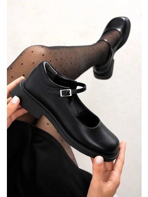 Dabab Shoes Berlın Kadın Siyah Cilt Mary Jane Yuvarlak Burun 2 cm Kalın Taban Tokalı  Babet Loafer Ayakkabı