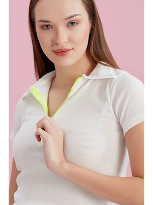 Alışveriş Sokağı Neon Fermuarlı Kaşkorse Polo Yaka Bluz