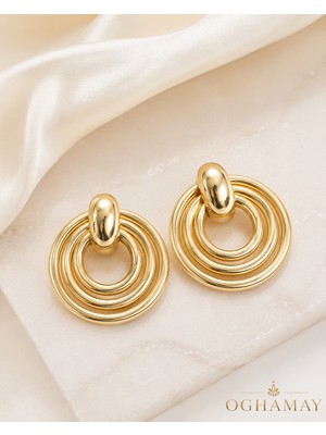 Oghamay Kadın Gold Renk Pirinç Halka Küpe Büyük Yuvarlak Vintage Model Şık Küpe