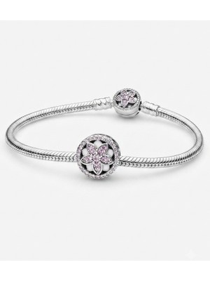 Kadın Pembe Çiçek Model Taşlı Gümüş Charm