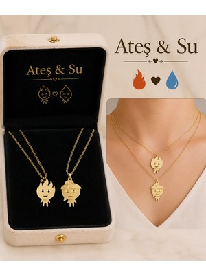 Yağmur Ateş ve Su Sevgili Arkadaş Kadın Erkek Kolye Gold Altın Renk Hediye Sevgililer Gününe Özel