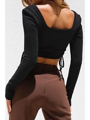 Alışveriş Sokağı Ip Büzgülü Kaşkorse Siyah Crop Bluz