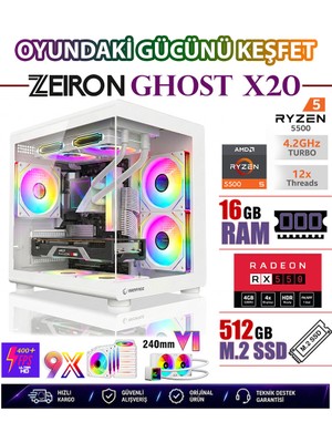 Zeiron Ghost X20 Ryzen 5 5500 16GB 512GB M2 SSD RX550 Gddr5 Sıvı Soğutmalı Beyaz Masaüstü Oyuncu Bilgisayar