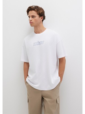 Mavi Miav Baskılı Oversize Beyaz Tişört 0611704-620