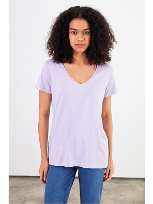 Vena Kadın Boyfriend Lila V Yaka Regular Fit Modal Tişört (Lyocell)