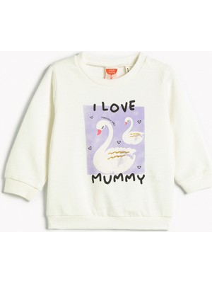 Koton Sweatshirt Kuğu Baskılı Şardonlu Bisiklet Yaka Pamuklu