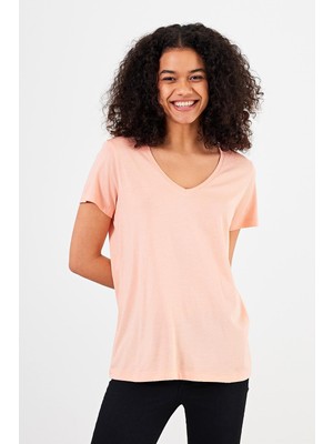 Vena Kadın Boyfriend Toz Pembe V Yaka Regular Fit Modal Tişört (Lyocell)