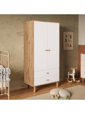 Bimossa KG2010 Bunny Sepet-Beyaz 80 Cm, 2 Kapaklı Gardırop, 2 Çekmeceli Yüksek Ayaklı Çocuk Odası Gardırobu
