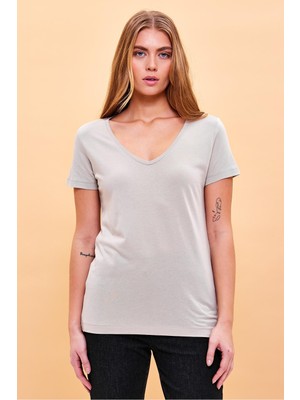 Vena Kadın Boyfriend Gri V Yaka Regular Fit Modal T-Shirt (Lyocell)