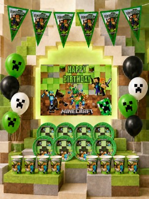 snowparty Minecraft Bayraklı ve Afişli 32 Kişilik Doğum Günü Parti Malzemeleri Süsleri Seti