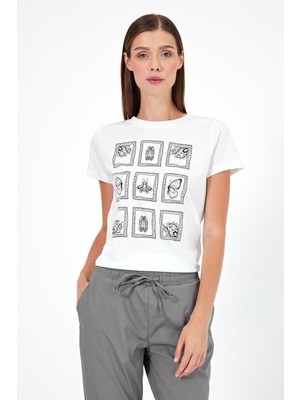 Vena Kadın Butterfly Beyaz Baskılı Bisiklet Yaka Regular Fit T-Shirt