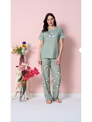 Over Sleep by Poleren Tüylenmez Kırışmaz Kumaş Kısa Kol Yazlık Kadın Pijama Takımı