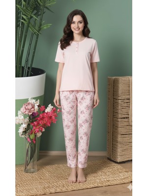 Over Sleep by Poleren Tüylenmez Kırışmaz Kumaş Kısa Kol Yazlık Kadın Pijama Takımı