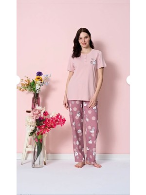 Over Sleep by Poleren Tüylenmez Kırışmaz Kumaş Kısa Kol Yazlık Kadın Pijama Takımı