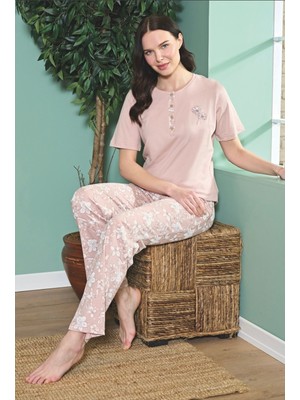 Over Sleep by Poleren Tüylenmez Kırışmaz Kumaş Kısa Kol Yazlık Kadın Pijama Takımı