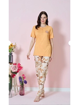 Over Sleep by Poleren Tüylenmez Kırışmaz Kumaş Kısa Kol Yazlık Kadın Pijama Takımı