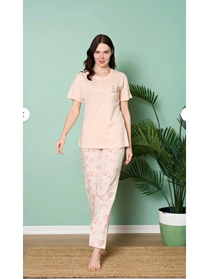 Over Sleep by Poleren Tüylenmez Kırışmaz Kumaş Kısa Kol Yazlık Kadın Pijama Takımı